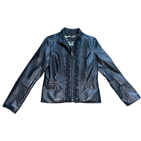 Big Chill Vintage Womens M Black Faux Leather Jacket with Ruffle Detail - Picture 2 of 4